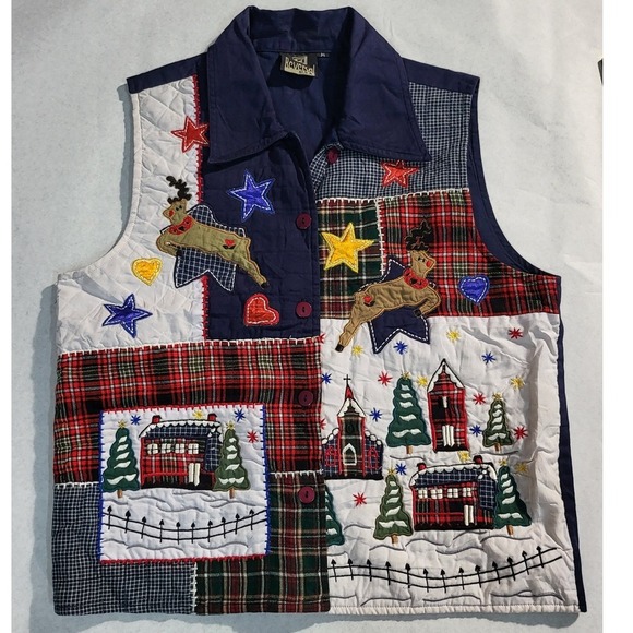 Vintage Reversible Christmas Vest Quilted Patchwork Holiday Reindeer Star Size M - Picture 2 of 5